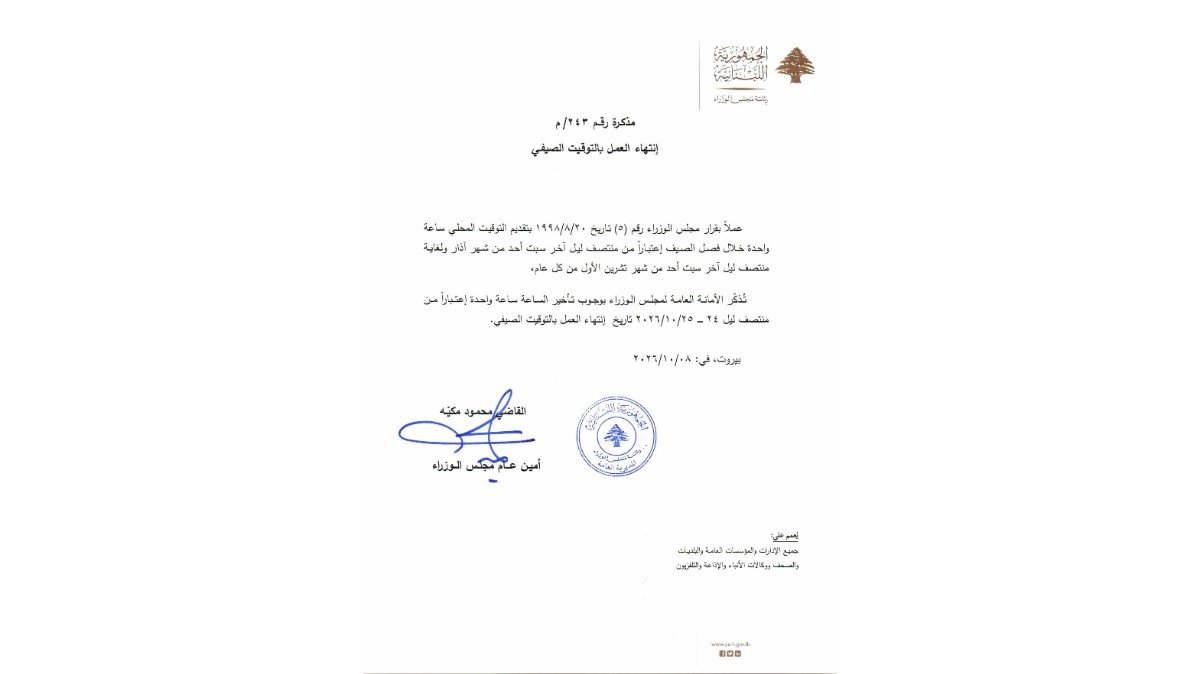 مكيّه: تأخير الساعة ساعة واحدة اعتبارا من منتصف ليل 24 –25 الحالي تاريخ انتهاء العمل بالتوقيت الصيفي